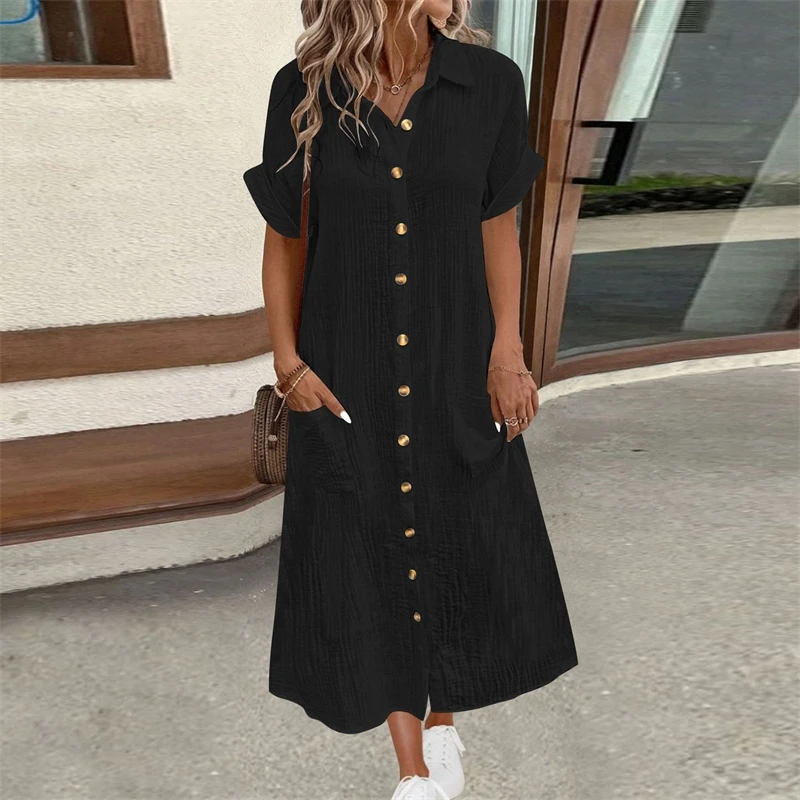 Women Shirt Dress 2025 Summer Spring Solid Color Short Sleeve Button Down Casual Long Shirt Maxi Sundress Comfortable