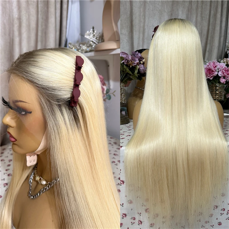 

Ombre Парик Шнурка Женский Платиновый Блондин Пепельно-Коричневый Корни Натуральный Парик Синтетическое Волокно Смешанный 5% Парик Человеческих Волос Прямой Полный Парик