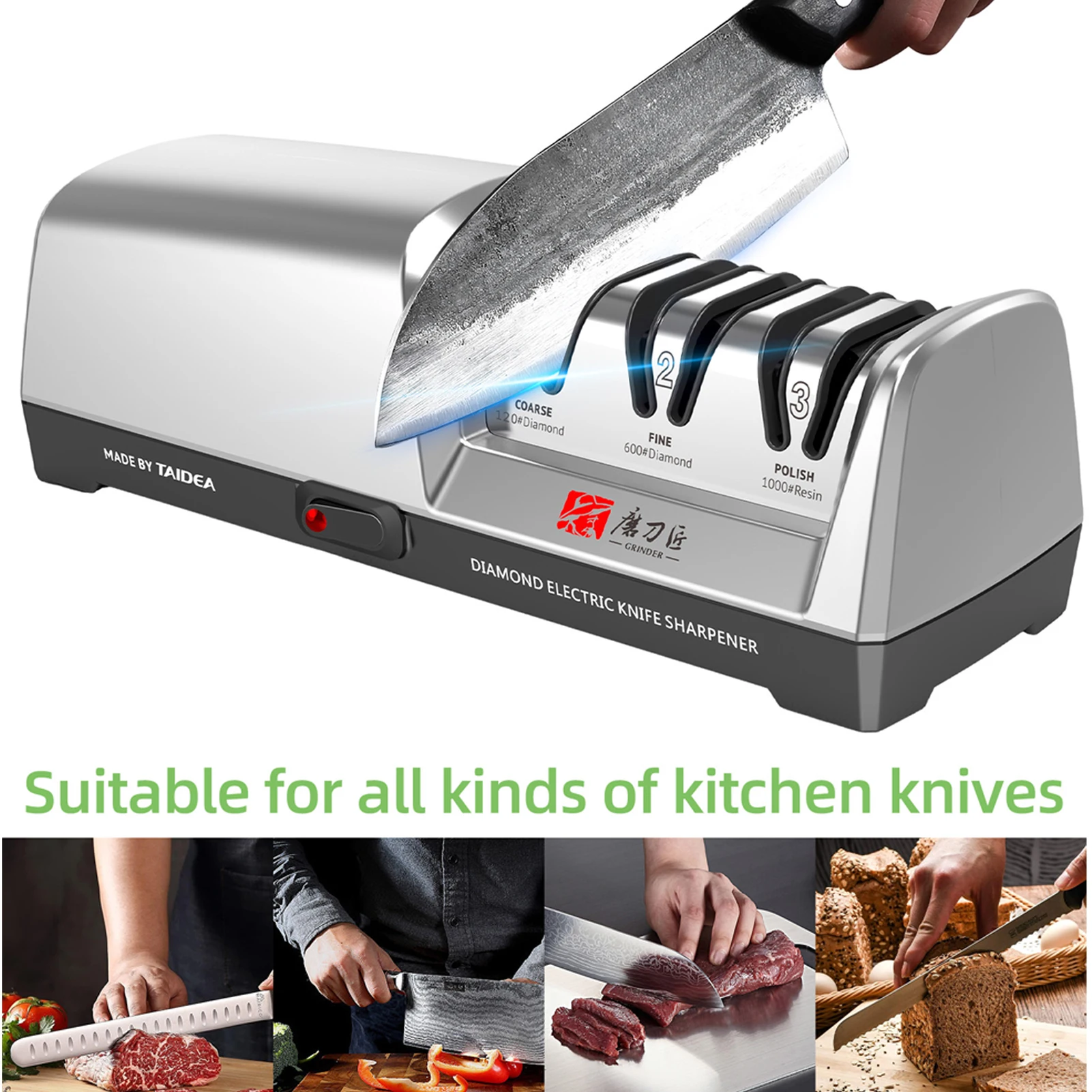 TAIDEA Electric Knife Sharpener 15 and 20 Degrees 120# Diamond + 600# Diamond + 1000# Polishing Stainless Steel Knifes Sharpener