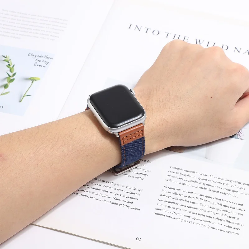Denim Canvas + Genuine Leather Strap for Apple Watch Series 7/8/SE/6/5/4/3/2/1 (38MM 40MM 42MM 44MM 41mm 45mm 49mm)