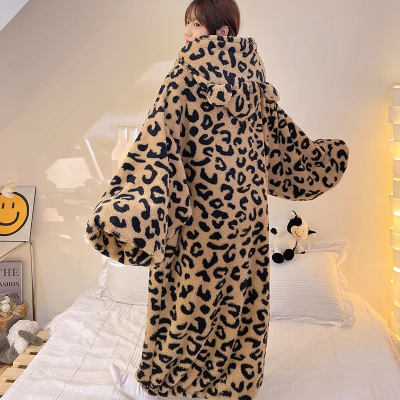 Winter New Hooded Pullover Night-robe Women\'s Pajamas Set Plush Soft Warm Home Suit Cute Leopard Print Loungewear Women Set