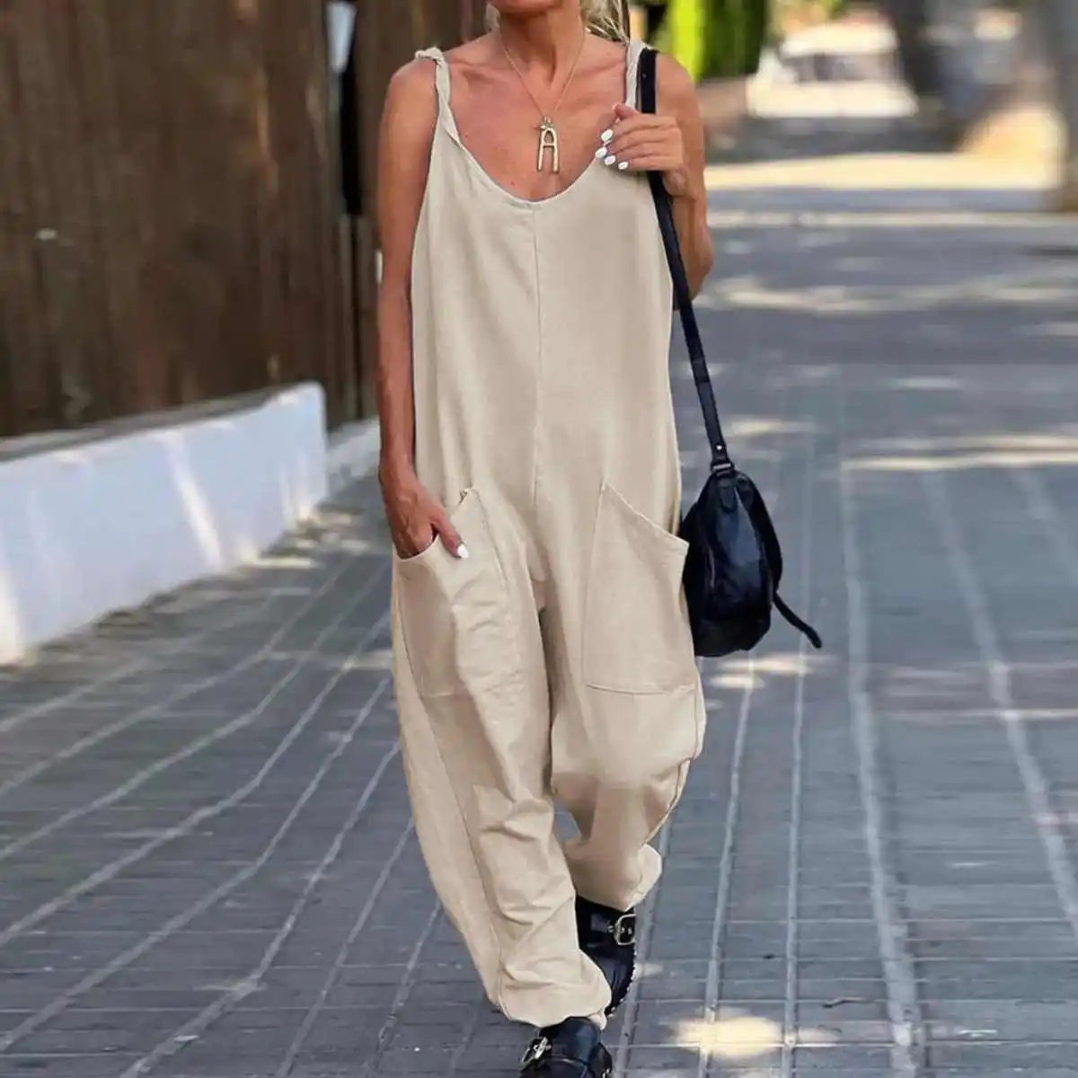 Mono informal holgado para mujer, pantalones de pierna ancha de cintura alta, pantalones Sle de calle, cómodo cierre de cremallera larga de algodón