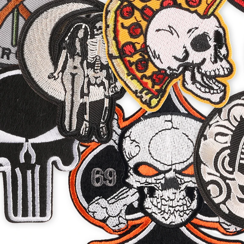 10 stücke Schädel Patches Für Kleidung Eisen Auf Gestickte Jacken Nähen Stoffe Outdoor Lot Pack Diy Thermische Pizza Parches Abzeichen – Detail 5