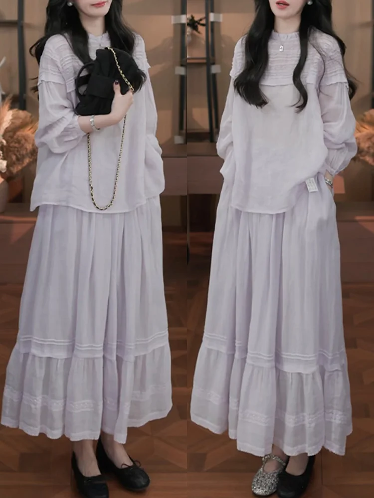 

Unique Women's Spring Summer Loose Long Sleeve Shirt Pleated Skirt Set Comfortable Casual Style High Waist Polyester Fiber