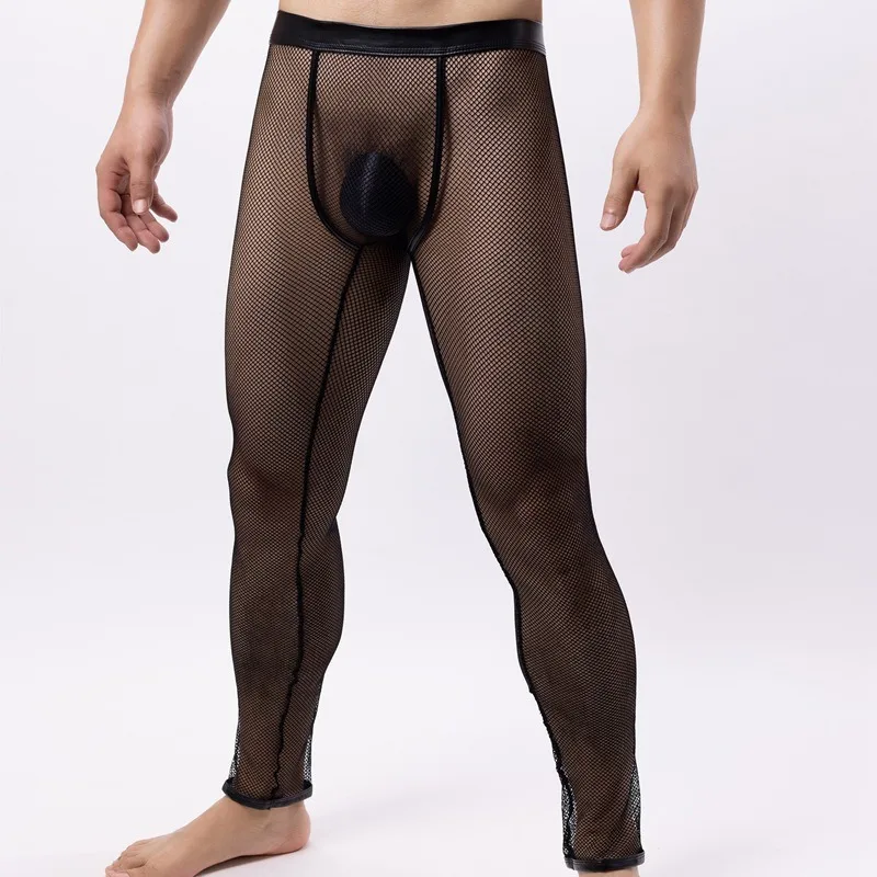Hot Fishnet Mens Exotic Pants Ultra-thin Mesh Sheer Lounge Pouch Trousers Lightweight Tight Leggings See Through Gay Underwear