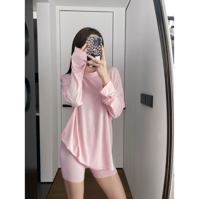 Spring Summer Long Sleeve Suit Women 2026 New Fashion Loose Casual Household Clothes Pure Colour Soft Short Pants Female