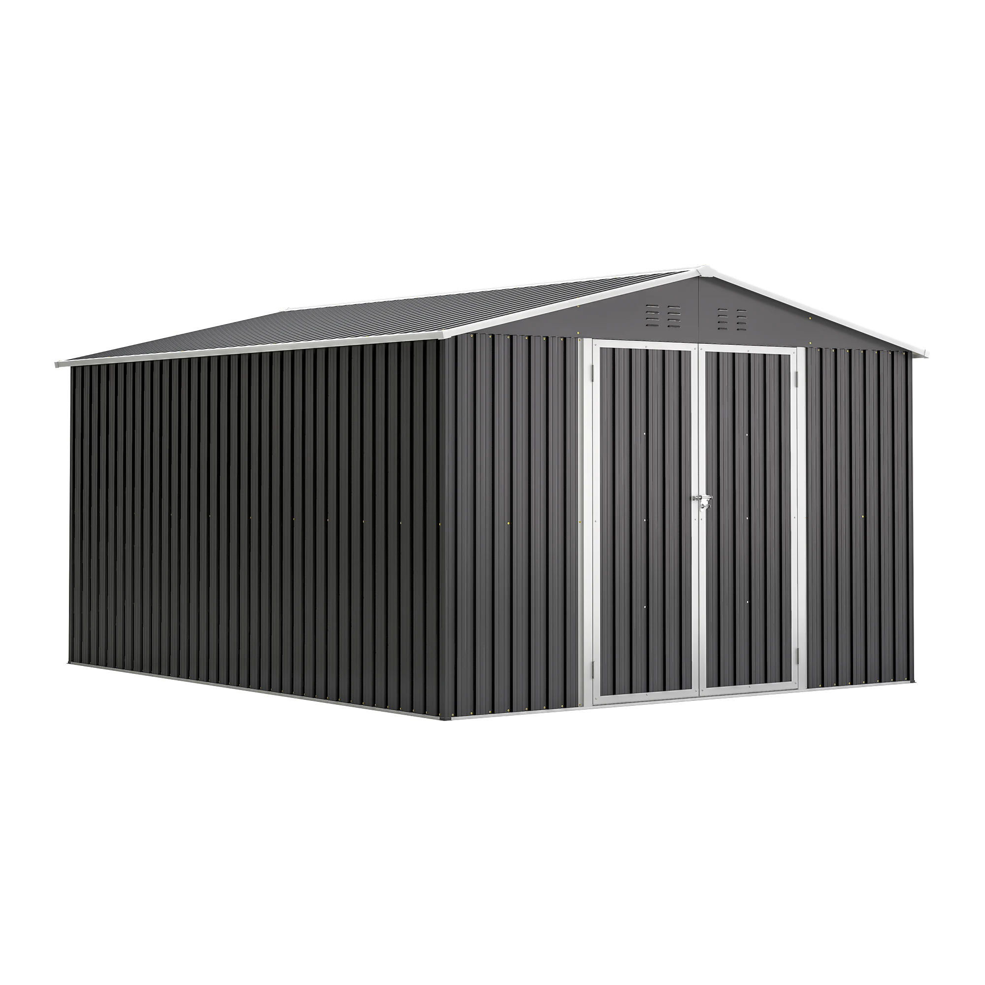 Heavy Duty Outdoor Metal Storage Shed 10x12 FT Reinforced Galvanized Steel Frame Lockable Doors Tool House Yard Patio Black