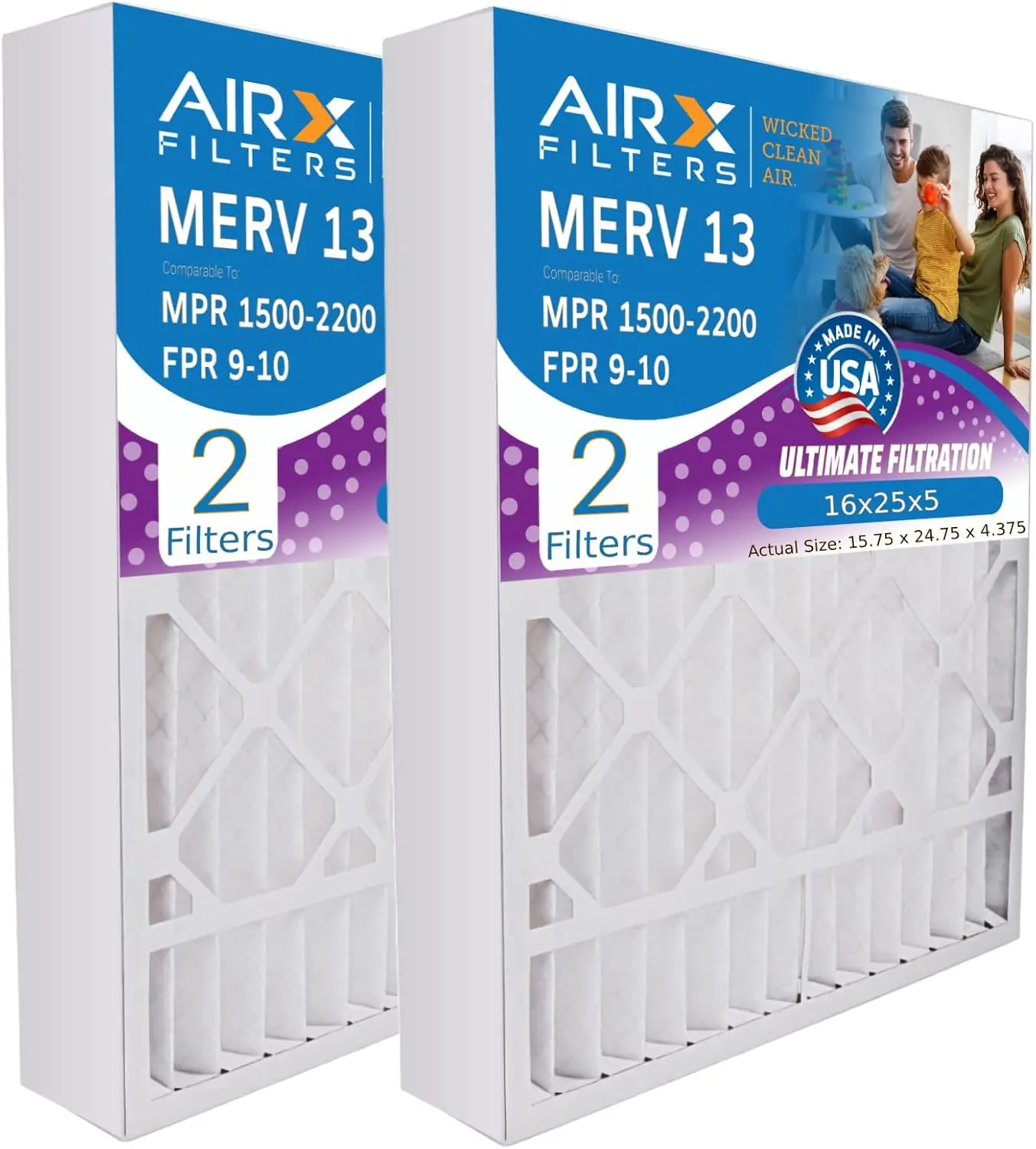 

WICKED CLEAN AIR. 16x25x5 Air Filter MERV 13 Compatible with Lennox X6670 Air Filter 2 Pack