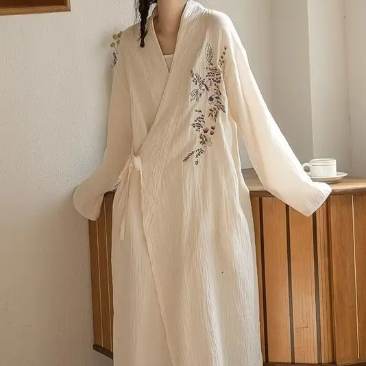 Embroidery Robe for Women V-neck Summer Sleepwear Nightdress Japanese Night Wears One Piece Lace-up Korean Reviews Many Pajama