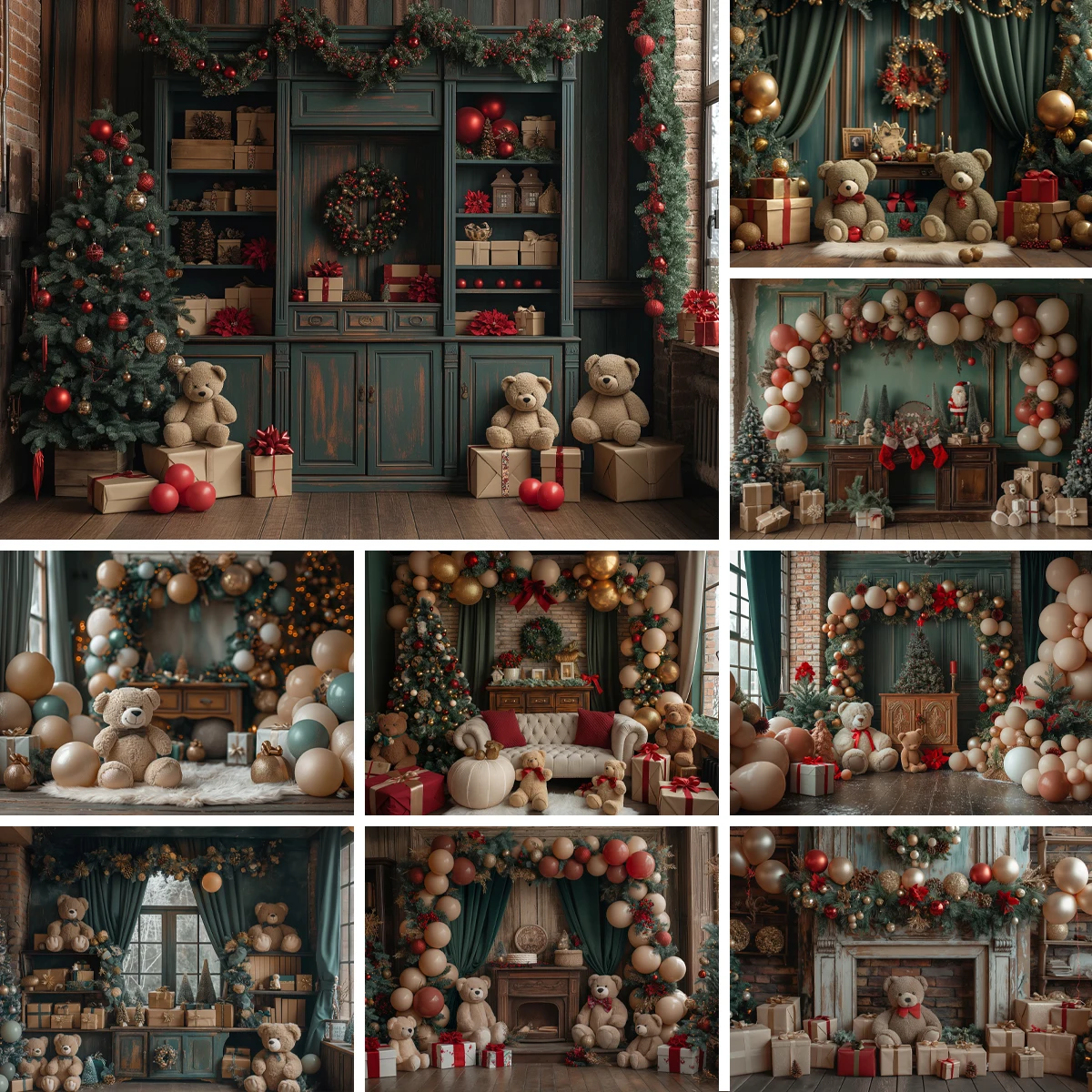 

Christmas Cabin Backgrounds Kids Adult Photography Props Child Baby Toy Bear Xmas Tree Fireplace Decors Photo Studio Backdrops