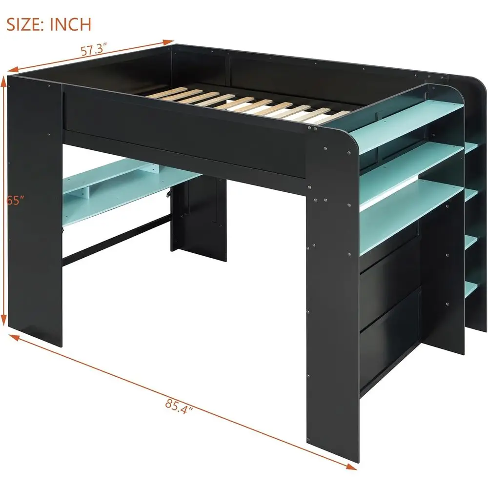 Large Wood Bunk Bed with Adjustable Desk, Wardrobe, Storage, RGB Light - Cloud Blue view 2