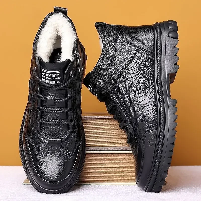 Snow Boots for Men Black High Top Lace Up Leather Winter Shoes Man Waterproof Casual Fashion Footwear Quality Fleece New in Fur