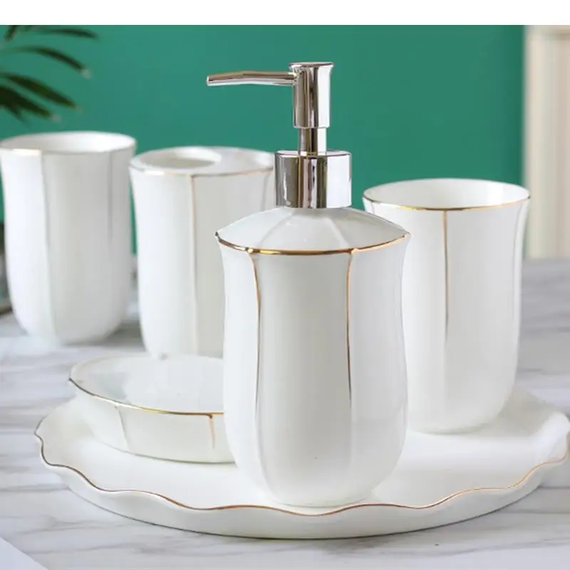 Ceramic Bathroom Set Supplies Wash Five-piece with Tray Mouthwash Cup Toothbrush Holder Soap Dish Lotion Bottle