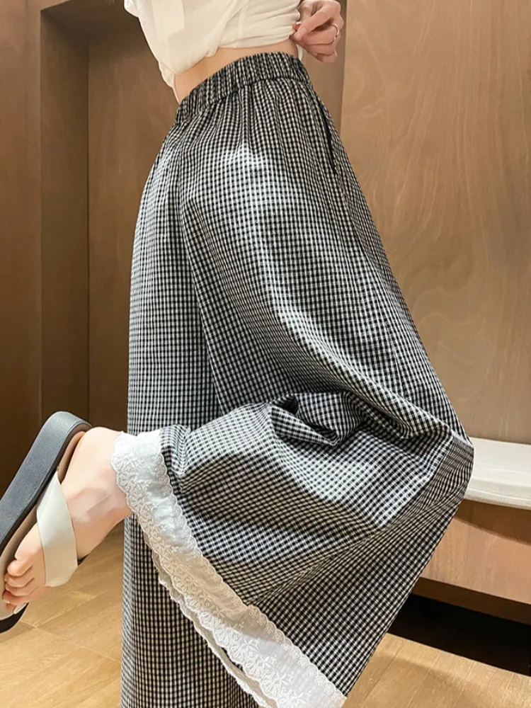 Spodnie damskie z wysokim stanem i szerokimi nogawkami, letnie spodnie-spódnica w stylu lazy, luźne, codzienne spodnie o długości 7/8 z prostymi nogawkami, z koronkowym wykończeniem, w kratę.