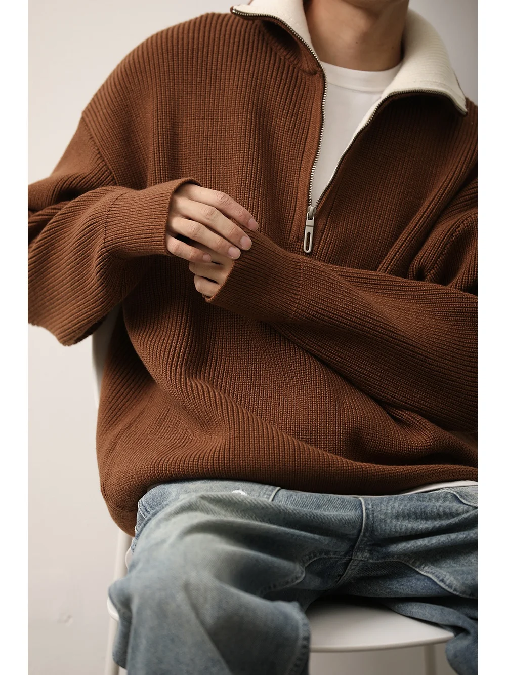 

LH Store Japanese Sle f Zip Knitted Sweater ex Warm Retro Trendy Brand Spring Autumn Overhead Merald Top