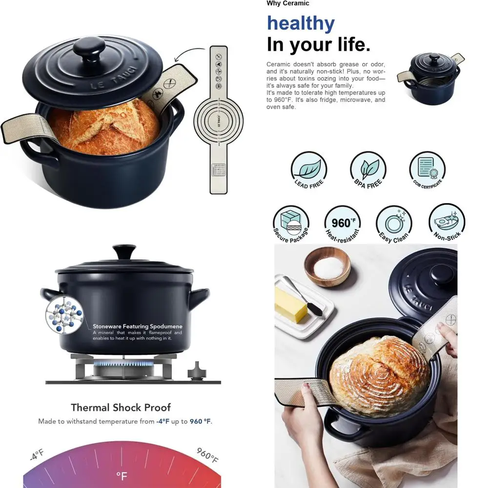 

Керамическая голландская духовка для выпечки хлеба — легкая, нетоксичная, приправа не требуется — безопасная для духовки и микроволновой печи с силиконовым ремнем