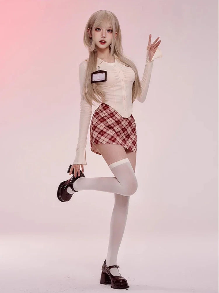 2024 Spring Sweet Skirt Suits Women Casual Cute Slim Crop Tops + Y2k Plaid Mini Skirt  Female Korean Fashion Kawaii 2 Piece Set