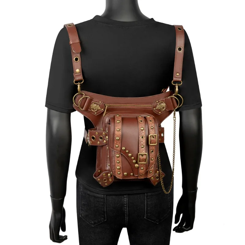 Fashion Brown Crossbody Waist Bags for Men and Women Retro Punk PU Leather Outdoor Travel Fanny Pack Wallet Hanging Leg Bag Gift