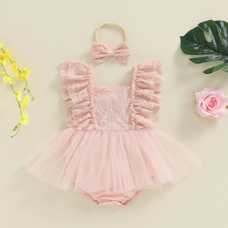 

2024-05-11 Lioraitiin 0-18M Baby Girls Summer Casual Romper Dress Flying Sleeve Lace Floral Jumpsuit with Headband