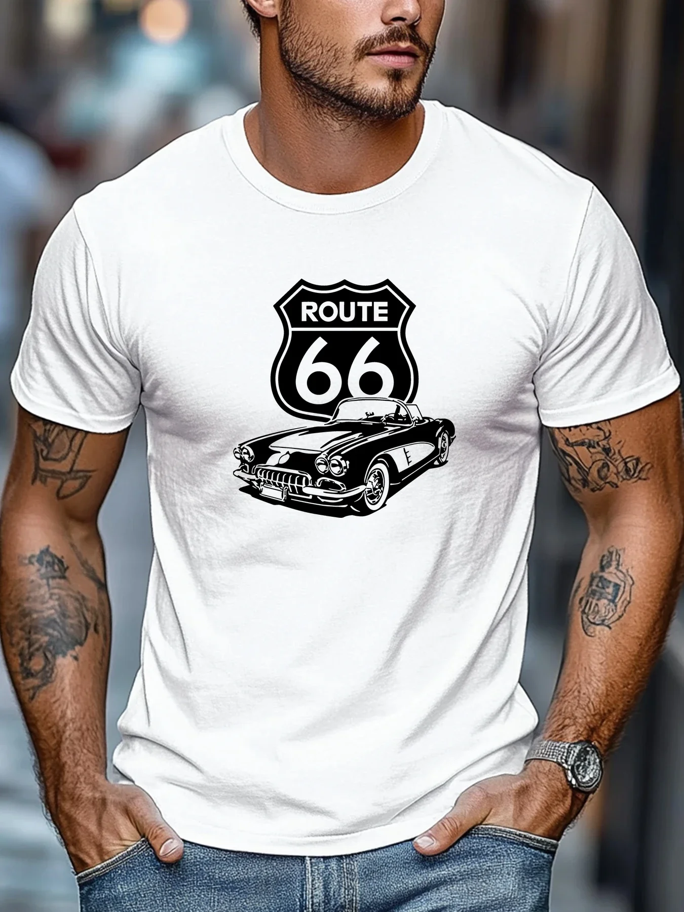 Male Black Round Neck T Shirt Vintage Route 66 Badge With Retro Open Top Sports Car Classic Usa Highway Light Cotton Daily Tees