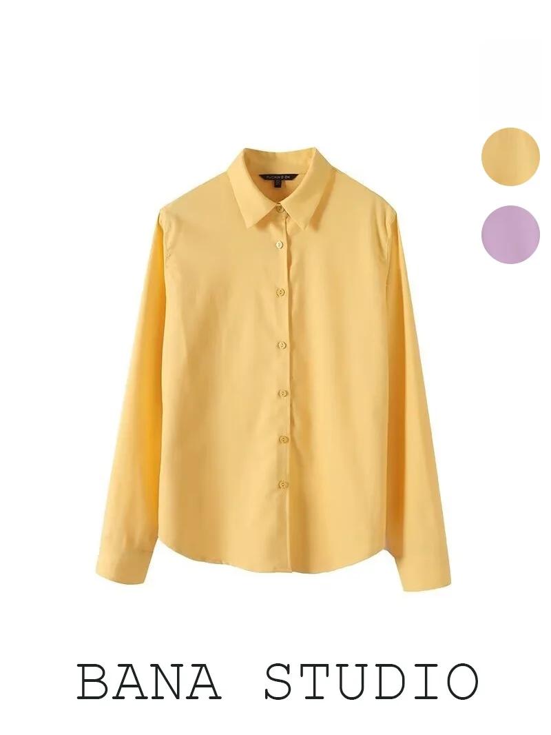 

Yellow Long Sve Pure Color Simple Collar Women's irt BANA Large Size Casual Faion Straight Cut Cotton Linen Blend