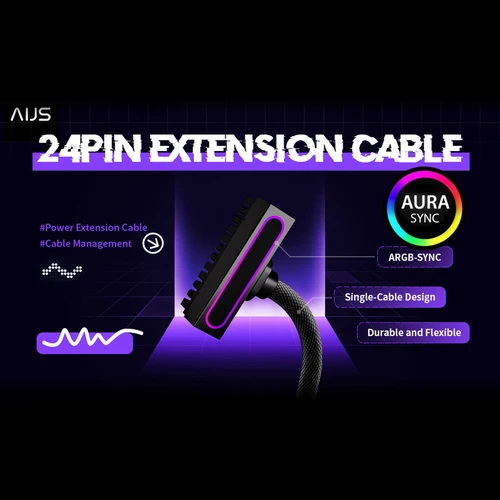 AIJS Cable de extensión de 24 pines ARGB Light con 5V 3 pines, cable de alimentación de placa base ATX 18AWG 90 ° Diseño en ángulo recto macho a hembra