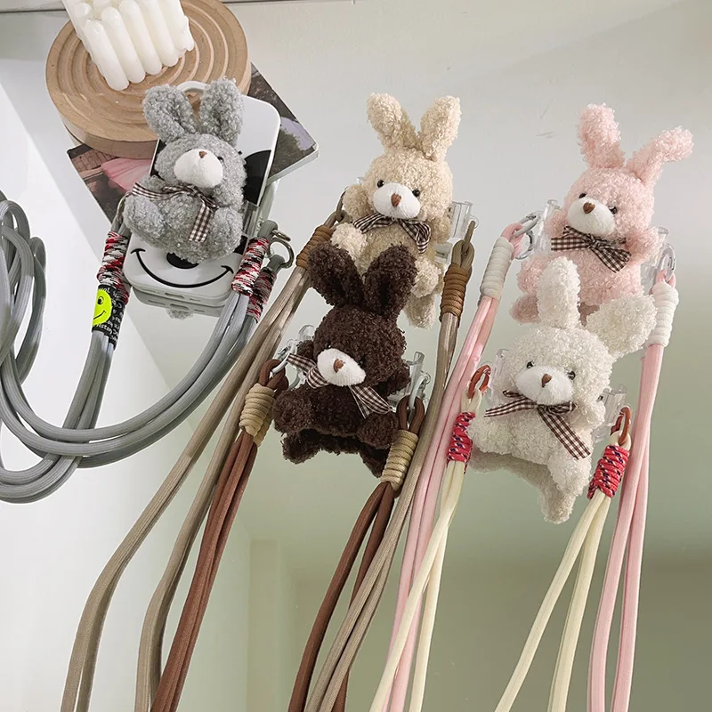 

Плюшевая кукла с белым бантом и кроликом, зажим на спинку телефона — длинный ремешок через плечо, боковая цепочка для тела, для женских прогулок