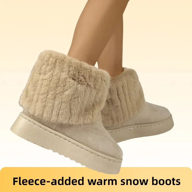 

Women's Winter Shoes Slip on Snow Boots Solid Flock Plush Warm Mid Heel Water Proof Casual Outdoor Non-Slip Plush Cotton Shoes