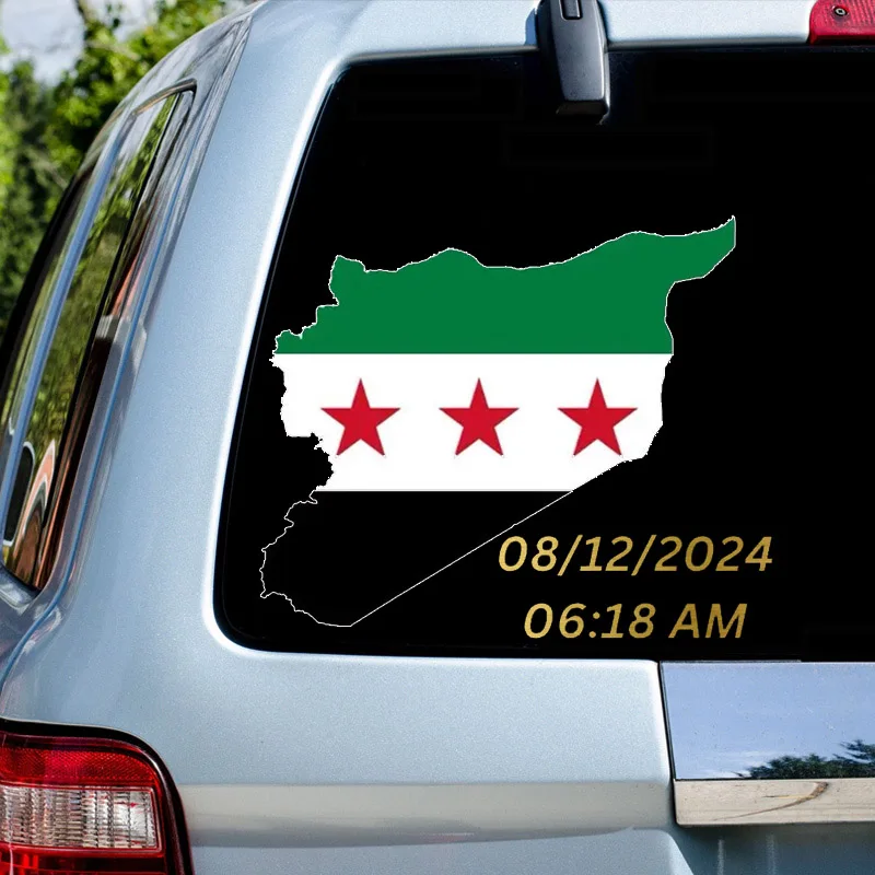 CS30506# Car Sticker for Flag Map of Syria and Date Number 06:18 AM, 08/12/2024 Vinyl Decal for Car Bumper, Door or Window
