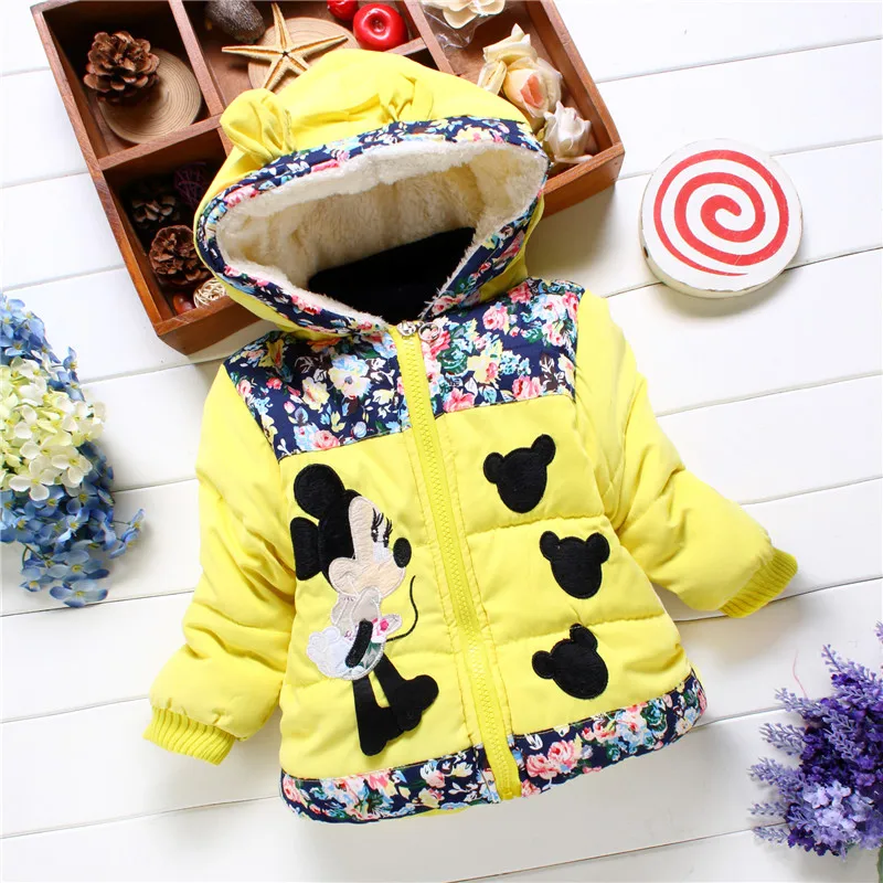 Girls\' Cotton Jacket Winter Children\'s Clothing Sweet Mouse Head Print Thick Baby Coat Cartoon Hooded Cotton Jacket