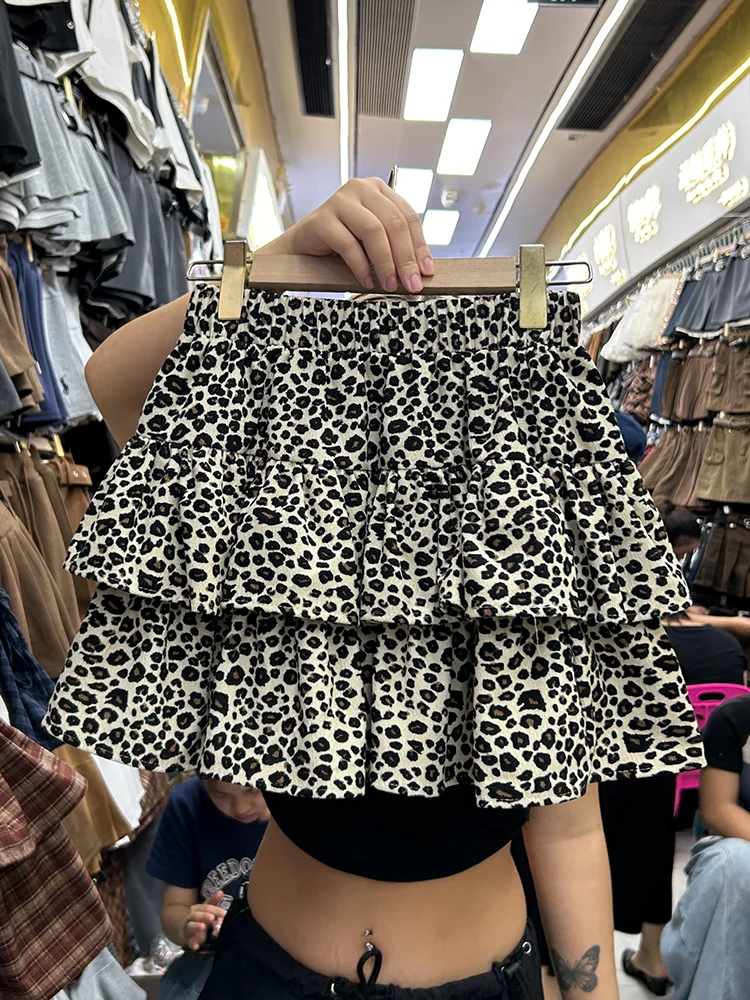 American Style Fashionable Ruffle Hem Leopard Print Cake Skirt Elastic High Waist Multi Layered Women's Half Body Skirt 3