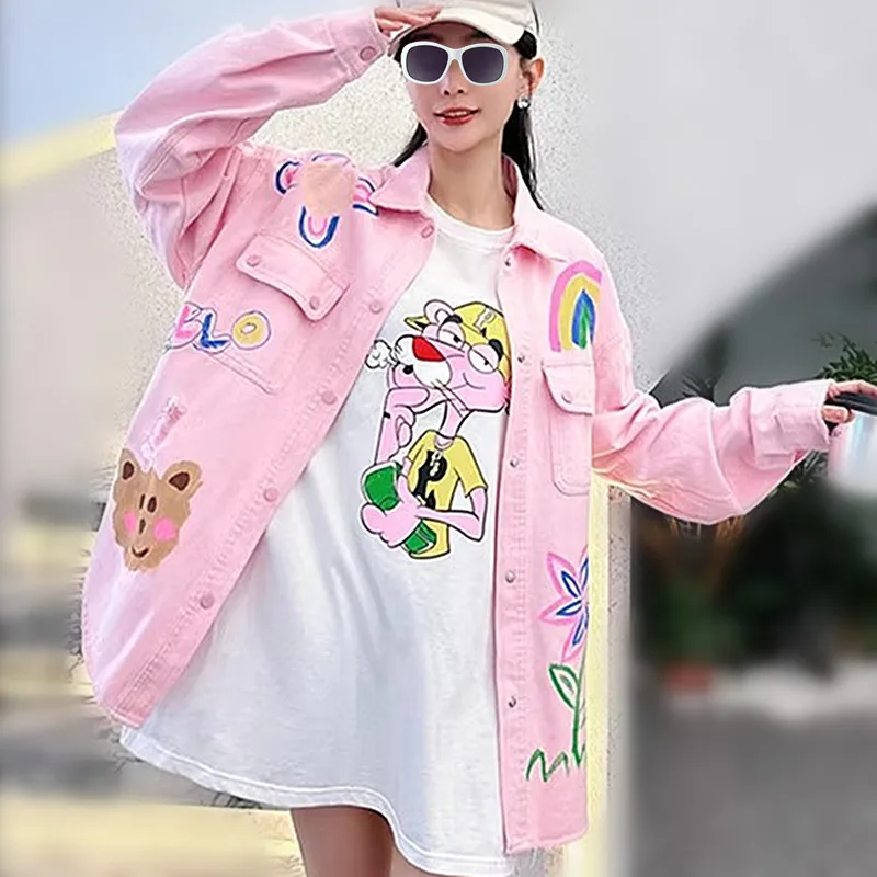 Harajuku Spring Women Loose High Street Graffiti Print Shirts Long Sleeve Shirts Cool Shirts Woman Pink Cartoon Blousa NZ350