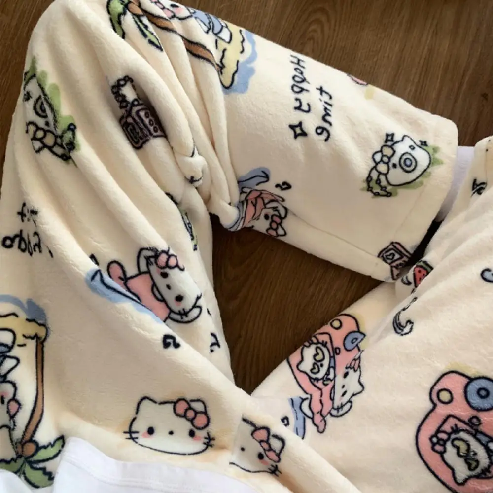 الكرتون مرحبا كيتي أفخم بنطلون بيجاما أنيمي Kawaii Hangyodon شتاء دافئ ملابس المنزل Kuromi رشاقته بنطلون لطيف فضفاض لينة