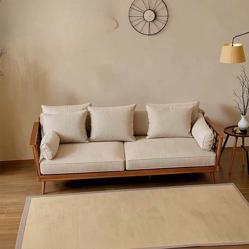 American black walnut solid wood sofa, new living room straight-row sofa in Song's aesthetic villa mansion