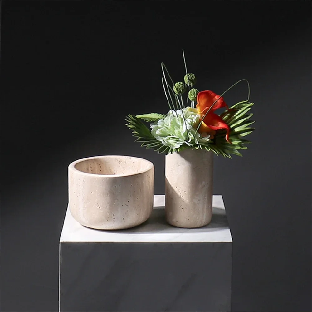 

Marble Villa Living Room Coffee Table Desktop Vase Ornaments Light Luxury Yellow Travertine Vase Creative Art Ornaments