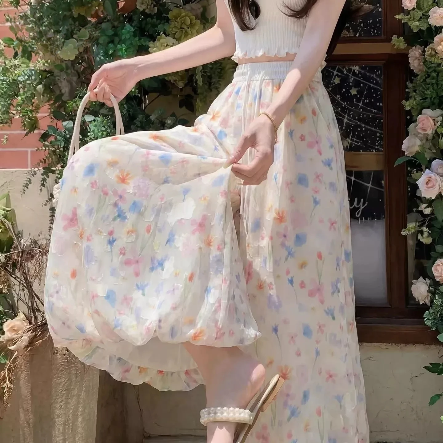 Damen Capri-Hose mit hoher Taille, pastoralen Blumenmustern, aus Eisseide, weitem Bein, im lässigen Stil, neunlängenlang – Detail 14