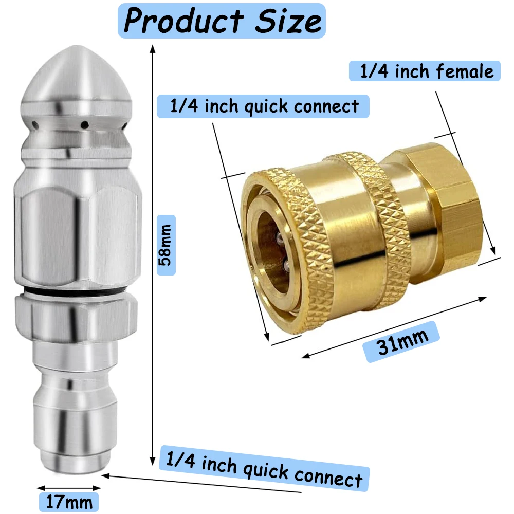 Sewer Jet Nozzle for Pressure Washer Connector Stainless Steel 1/4 Inch Quick Connect Pressure Washer Drain Cleaning Nozzle Tip