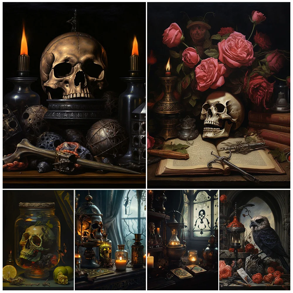 

The Wizard Desktop Item,Gothic Art Poster Print,Skeletons,Candles,Roses,And Magic Books On The Desktop,Wall Art Canvas Print