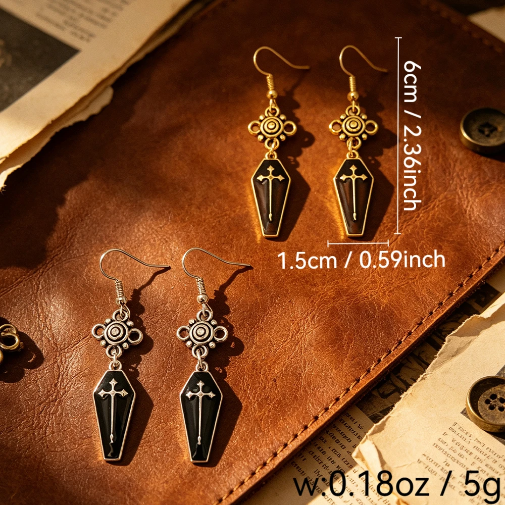 Halloween Vintage Coffin Cross Oil-Drip Long Hook Earrings, Three-Color Gothic Festival Everyday Dangle Earrings