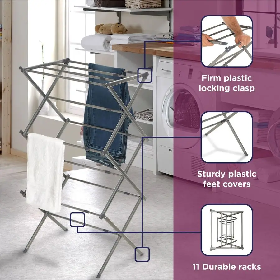 3 Tier Expandable Collapsing Foldable Laundry Rack for Air Drying Clothing, Space Saving Heavy Duty Lightweight Metal Drying Rac
