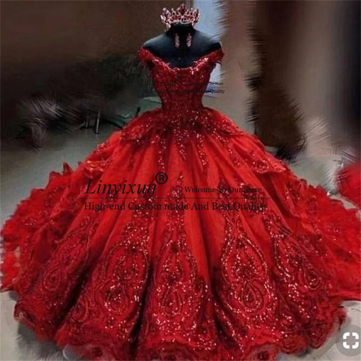 Robe rouge scintillante à épaules dénudées, jupe bouffante à plusieurs niveaux, douce robe à paillettes 16, robes perlées appliquées, 15 ans