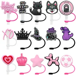 1PCS Cool Black Cat Silicone Straw Cover Cap,10mmCrown Pink Heart Straw Topper for Decoration Tumbler Cup,Dustproof Straw Charm