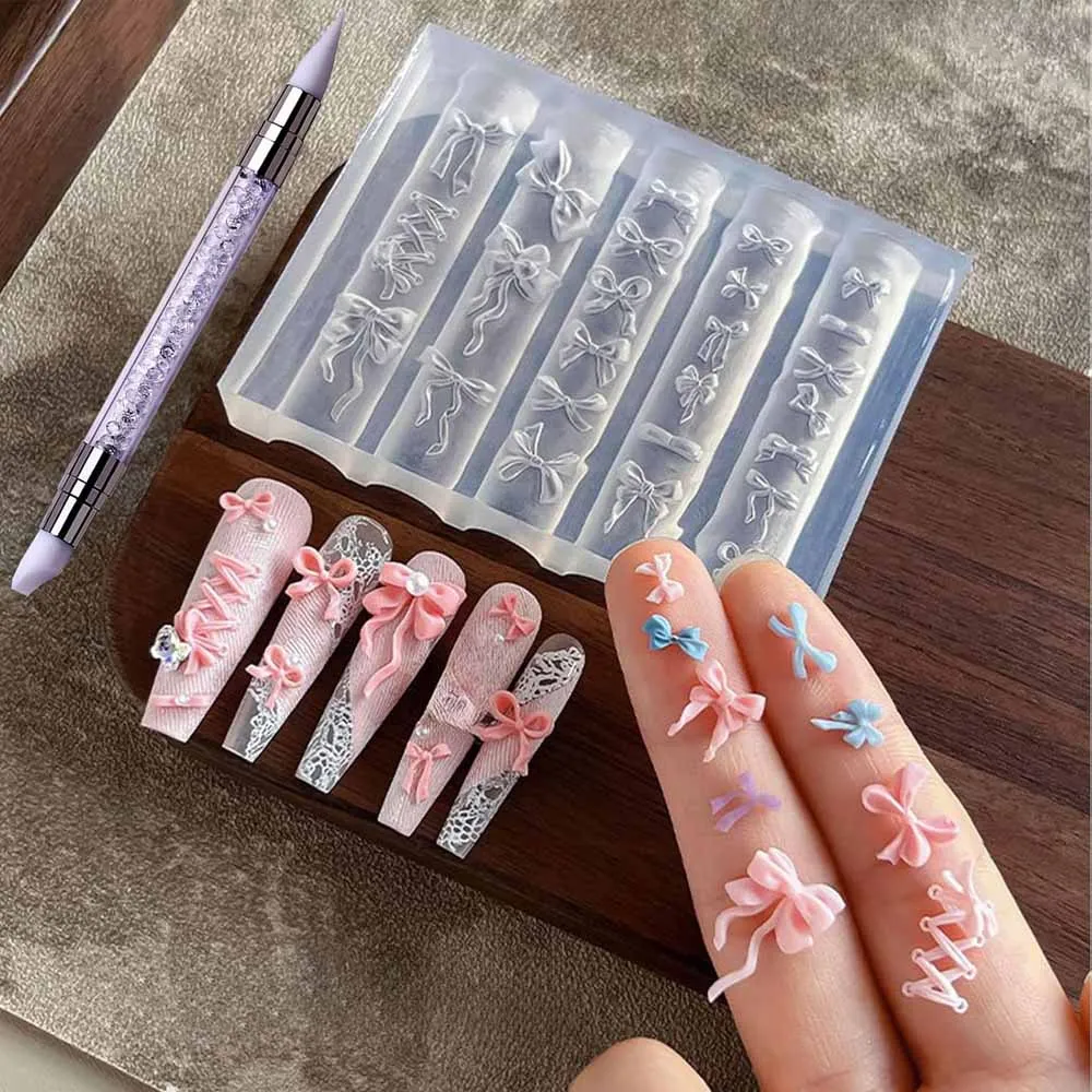 2pcs3D Clear Bowknot Silicone Nail Molds with Carving Pen Cute Bows Nail Template Stencils Reusable Manicure Carved Mould Tools