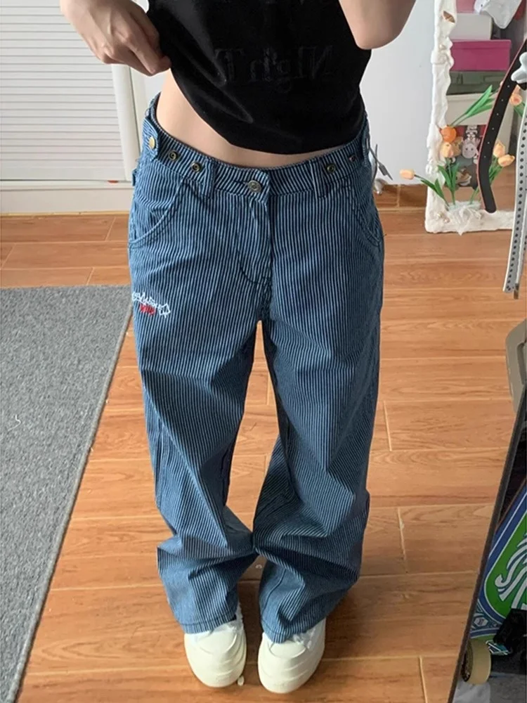 

Ретро-джинсы в американском стиле с вышивкой в полоску, свободные прямые брюки для мужчин и женщин, модные летние повседневные штаны