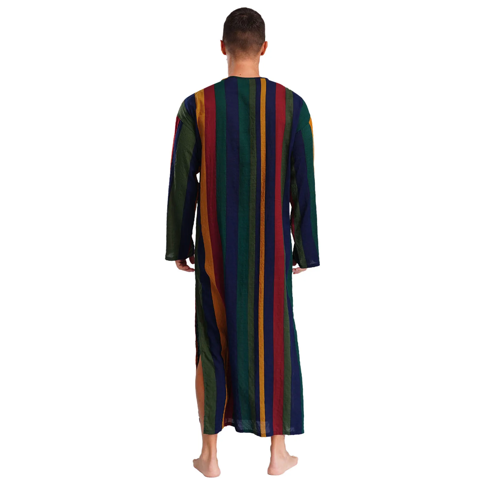 Men Islamic Muslim Thobe Round Neck Leisure Traditional Ethnic Middle East Dress Long Sleeve Stripe Long Gown Buttons Loose Gown