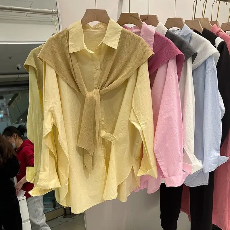 DAYIFUN Women Fake Two-piece Shirts Solid Fashion Style Oversize Casual Blusas Lapel Buttons Asymmetrical Long Sleeve Blouses