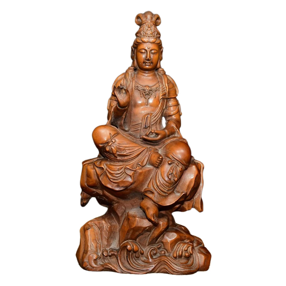 Sculpture sur bois traditionnelle œuvre en bois sculpté Statue Figurine Kwan Yin vague compassion Protection de la paix miséricorde gentillesse sérénité