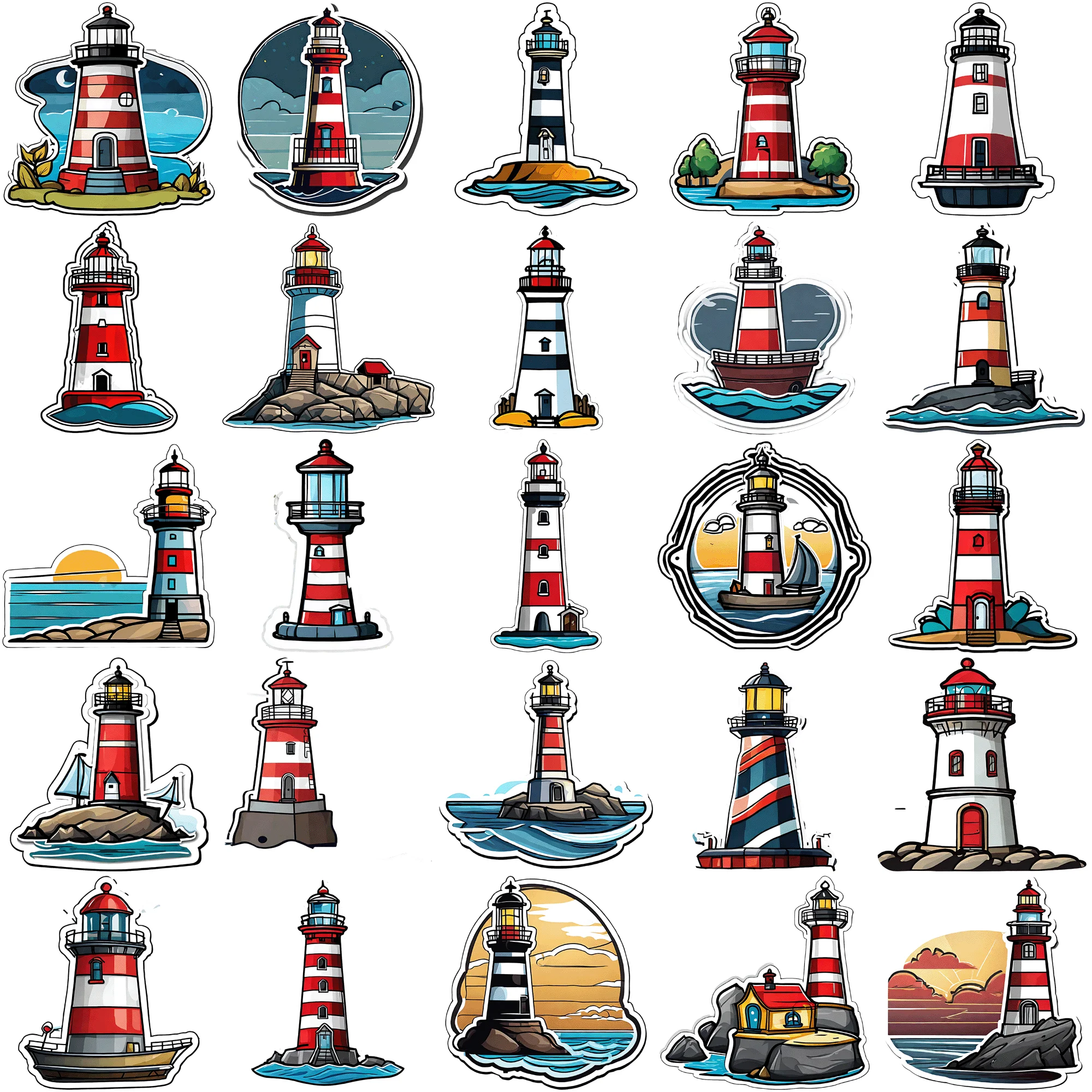 50 pcs Navigation Lighthouse Cartoon Stickers Whimsical and Colorful 50 Pieces Stickers for Decoration