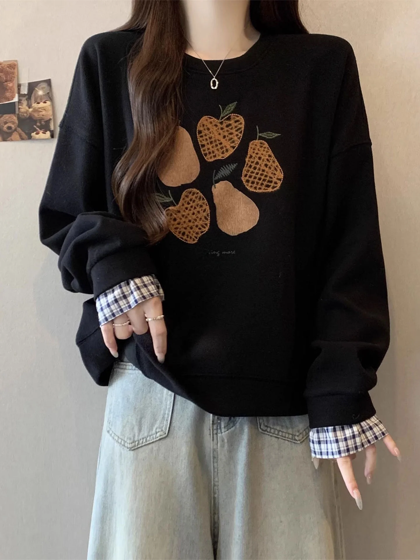 

Slimming Plaid Patchwork Long Sve Sweatirt Women's Sle Early Spring plus Size Fat MM Embroidery Top Casual Loose Fit