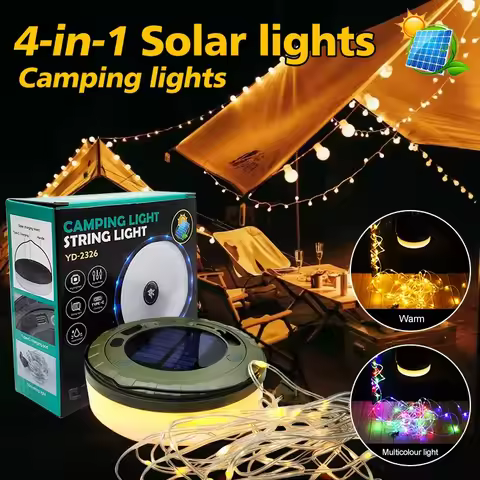 Luzes solares para acampamento ao ar livre, luz de corda de 10 metros, luz para barraca ao ar livre, luz de atmosfera rgb, lanterna led com gancho ﻿